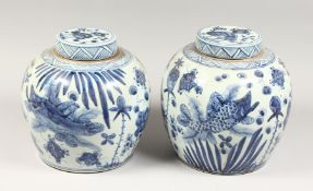 A PAIR OF LARGE CHINESE BLUE AND WHITE GINGER JARS AND COVERS.