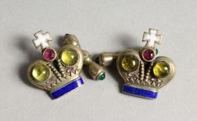 A PAIR OF RUSSIAN SILVER AND ENAMEL CROWN CUFF LIKS