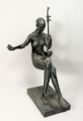 AN UNUSUAL BROZE FIGURE OF A SEATED FEMALE MUSICIAN on a rectangular base 34ins high.