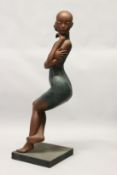 A LARGE PATINATED BRONZE OF A SEATED FEMALE FIGURE, mounted on a square base. 45ins high
