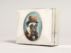 A SILVER TWO DIVISION CIGARETTE BOX London 1923, with an oval enamel pug dog.