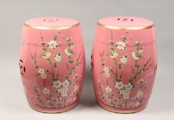 A PAIR OF CHINESE PORCELAIN BARREL SEATS, pink ground, painted with birds. 17ins high.
