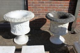 A VERY GOOD PAIR OF ITALIAN CARVED WHITE MARBLE CAMPAGNA URNS ON STANDS 2ft 5ins high stand 2ft