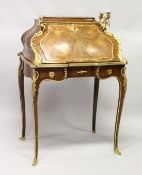 A 19TH CENTURY FRENCH KINGWOOD , TULIPWOOD AND PARQUETRY BUREAU DE DAME, with ormolu mounts by