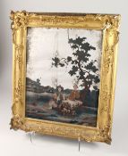 AN 18TH CENTURY GILT FRAMED PAINTED GLASS MIRROR, with Chinese figures 16.5ins x 13ins inc. period