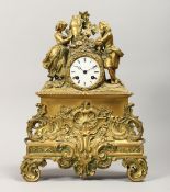 A 19TH CENTURY FRENCH ORMOLU MANTLE CLOCK, with eight day movement, striking on a bell, the ornate