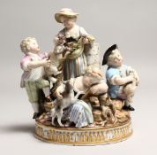 A SUPERB 19TH CENTURY MEISSEN GROUP with five children, a dog, two lambs and garlands on a