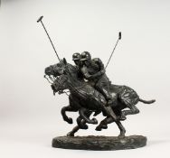 A BRONZE RESIN GROUP,two polo players on horse back in action 14ins high