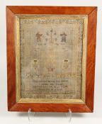 A 19TH CENTURY SAMPLER, depicting figures, flowers and a poem by Ann Powis dated 1837. 21.5ins and
