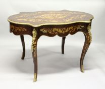A FRENCH STYLE MARQUETRY INLAID AND ORMOLU MOUNTED BUREAU PLAT, of shaped outline with a single