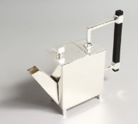 A PLATED SQUARE SHAPED CHRISTOPHER DRESSER STYLE PLATED TEAPOT. 9ins long.