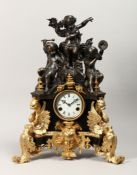 A LARGE FRENCH STYLE BRONZE AND GILT BRONZE MANTLE CLOCK, with eight day movement sticking a bell,