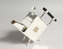 A PLATED DIAMOND SHAPED CHRISTOPHER DRESSER STYLE PLATED TEAPOT. 10ins long.