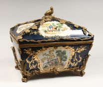 A DECORATIVE PORCELAIN AND ORMOLU MOUNTED SEVRES STYLE CASKET AND COVER. 15ins long