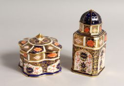 A ROYAL CROWN DERBY JAPAN PATTERN SQUARE SUGAR SIFTER, No. 1128. 6ins high and a SQUARE SUPERB BOX
