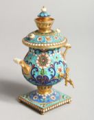A GOOD MINAITURE RUSSIAN SILVER AND ENAMEL SAMOVAR 4ins high.