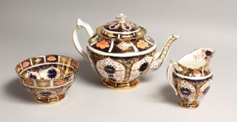A ROYAL CROWN DERBY JAPAN PATTERN THREE PIECE TEA SET, No. 4021 comprising tea pot, milk jug and
