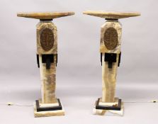 A SUPERB PAIR OF ART DECO ONYX STANDS inset with bronze plaques of four nude girls dancing . DEMETRE