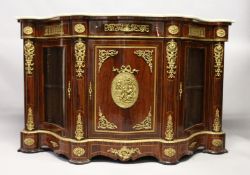 AN IMPRESSIVE VICTORIAN STYLE ROSEWOOD AND ORMOLU MOUNTED CREDENZA, with cream marble top, central