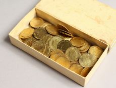 A BOX OF HALF GUINEA GILT COUNTERS DATED 1788