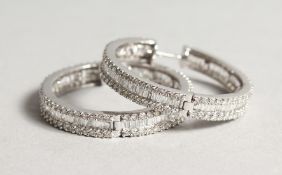 A VERY GOOD PAIR OF 18K WHITE GOLD AND DIAMOND, LARGE DIAMOND SET, HOOP EARRINGS