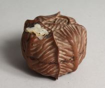 A JAPANESE WOOD CABBAGE BOX AND COVER with a mother of pearl frog 2.5ins