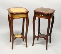 TWO FRENCH STLYE MAHOGANY AND BURRWOOD INLAID TWO TIER SINGLE DRAWER SIDE TABLES on cabriole legs