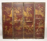 A GEORGE III LEATHER CHINESE DECORATED FOUR FOLD SCREEN. 6ft 2ins high, each panel, 1ft 9ins wide.