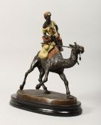 A LARGE VIENNA STYLE COLD PAINTED BRONZE OF AN ARAB ON A CAMEL, mounted on a marble base. 15ins