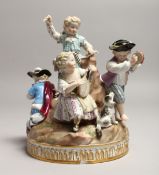 A SUPERB 19TH CENTURY MEISSEN CIRCULAR GROUP OF FIVE CHILDREN on a rock with a dog, depicting