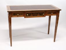 A MAHOGANY WRITING DESK with leather inset top over three drawers on tapering squre legs 3ft 7ins