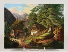 A GOOD K. P. M. PORCELAIN PLAQUE, rural scene, a woman hanging out the washing, a castle amidst