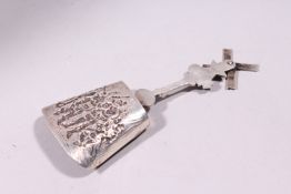 A DUTCH SILVER SPOON, repousse with figures, the handle as a windmill.