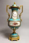 A GOOD LARGE 19TH CENTURY SEVRES PORCELAIN AND ORMOLU TWO HANDLED VASE AND COVER, the light blue