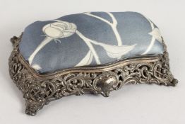 A VICTORIAN PIERCED SILVER PIN CUSHION with padded silk top Birmingham 1896.