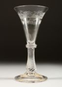 A LATE 19TH /EARLY 2OTH CENTURY ALE GLASS, with etched conical shaped bowl, air twist stem on a