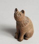 A JAPANESE CARVED WOODEN SEATED CAT Signed