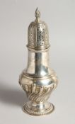 A LARGE SILVER PEDESTAL SUGAR CASTER, with wrythen fluted body, London 1894, 9.75ins high.