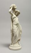 A PARIAN WARE FIGURE OF A CLASSICAL STANDING FEMALE, holding a basket of grapes 12ins high