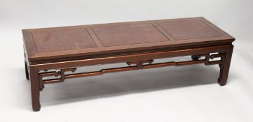 A CHINESE MAHOGANY AND BURRWOOD RECTANGULAR LOW TABLE, with pierced and carved frieze . 5ft long x