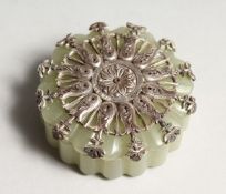 A GOOD JADE AND SILVER TOP BOX AND COVER the top stamped .925 and W. W. 84 2ins diameter.