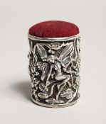 A NOVELTY CAST SILVER FAIRY DRUM PIN CUSHION.