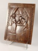A GOOD CARVED WOOD PANEL 16ins x 11.5ins