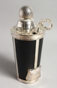 A SILVER PLATE AND LEATHER COVERED GOLF BAG COCKTAIL SHAKER with carrying handle. 11.5ins high.