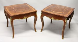 A PAIR OF FRENCH STYLE MARQUETRY INLAID AND ORMOLU MOUNTED SQUARE SHAPED LAMP TABLES 2ft 1ins wide x