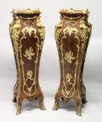 AN IMPRESSIVE PAIR OF FRENCH STYLE BURRWOOD, ORMOLU AND MARBLE PEDESTALS, in Louis XVI style. 4ft