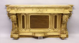 A SUPERB MATCHING 19TH CENTURY GILT WOOD CONSOLE TABLE with marble top, scrolling acanthus