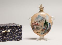 A CHINESE TWO HANDLED PEDESTAL SCENT BOTTLE, landscape scene 4ins high