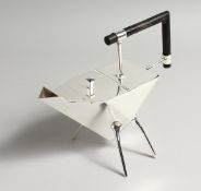 A PLATED TRANGULAR SHAPED CHRISTOPHER DRESSER STYLE PLATED TEAPOT. 9ins long