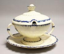A CREAMWARE TWIN HANDLED PEDESTAL TUREEN, COVER AND STAND, with three dash border Stand 7.5ins